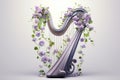 Elegant Harp Adorned With Violets And Purple Petals