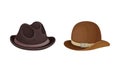 Elegant headgears set. Classic brown male felt hats vector illustration