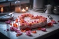 Elegant Heart-Shaped Cake with Pink Sugar Flowers on Marble Countertop at Night