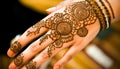 Elegant henna tattoo decorates hand of Indian bride in close up generated by AI Royalty Free Stock Photo