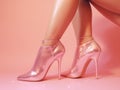 Elegant high heels on a woman against a pastel pink background. Y2K era design