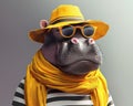 Elegant hippopotamus with stylish neck scarf, sunglasses and sunhat, ready for marine vacations.