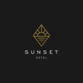 Elegant hipster gold sun sunset sunrise with beach ocean sea water logo icon vector in trendy line linear, outline logo vector fo Royalty Free Stock Photo