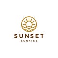 Elegant hipster gold sun sunset sunrise with beach ocean sea water logo icon vector in trendy line linear, outline logo vector