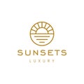 Elegant hipster gold sun sunset sunrise with beach ocean sea water logo icon vector in trendy line linear, outline logo vector