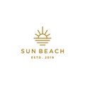 Elegant hipster gold sun sunset sunrise with beach ocean sea water logo icon vector in trendy line linear, outline logo vector Royalty Free Stock Photo