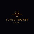 Elegant hipster gold sun sunset sunrise with beach ocean sea water logo icon vector in trendy line linear, outline logo vector