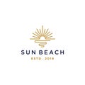 Elegant hipster sun sunset sunrise with beach ocean sea water logo icon vector in trendy line linear, outline logo vector