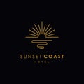 Elegant hipster sun sunset sunrise with beach ocean sea water logo icon vector in trendy line linear, outline logo vector Royalty Free Stock Photo