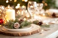 Elegant holiday dining table with festive candlelight and greenery decorations Royalty Free Stock Photo