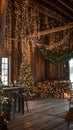 elegant holiday setup in barn: string lights, stacked wood, cozy decor Royalty Free Stock Photo