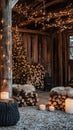 elegant holiday setup in barn: string lights, stacked wood, cozy decor Royalty Free Stock Photo