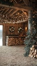 elegant holiday setup in barn: string lights, stacked wood, cozy decor Royalty Free Stock Photo