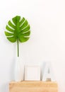 Elegant home decor with picture frame and tropical leaf Royalty Free Stock Photo