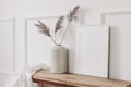 Elegant home interior decor still life photo. Vase with dry reed, grass on old wooden bench. Blank white picture frame