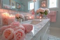 Elegant Home Spa Bathroom with Pink Towels, Flowers and Candles for Relaxing Ambience Royalty Free Stock Photo