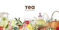 Elegant horizontal background or backdrop with glass teapots, cups, delicious aromatic tea, flowers, berries, leaves