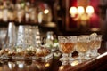 elegant hors doeuvres next to crystal cocktail glasses on a bar