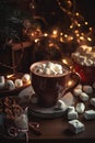 Elegant Hot Chocolate Cup With Puffy Marshmallows Against Festive Christmas Background.