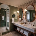 Elegant Hotel Bathroom with Large Mirror and Small Sink. Generative AI Royalty Free Stock Photo