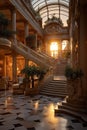 An elegant hotel lobby with a grand staircase leading to the rooms. Royalty Free Stock Photo