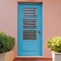 Elegant house blue door on pink wall, Athens Greece