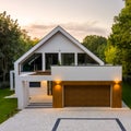 Elegant house with cobblestone driveway, drone view