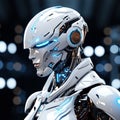 Elegant Humanoid Robot with Blue Optical Sensors and Dynamic White Chassis. AI generation