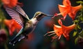 Elegant Hummingbird Hovering by Vibrant Red Flowers Capturing the Essence of Natures Delicate Balance