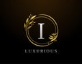 Elegant I Letter Floral Design. Circle Luxury I Gold Logo Icon Royalty Free Stock Photo