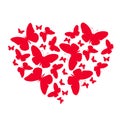 elegant icon many red butterflies in heart shape on white background. pattern for greeting or invitation to a wedding or Valentin