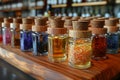 oil fragrances glass bottles wooden stopper Royalty Free Stock Photo