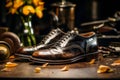 An elegant image showcasing the restoration of a vintage leather shoe, bringing it back to its former glory. Generative AI