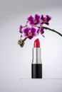 An elegant image showcasing a vibrant pink lipstick beside a beautiful purple orchid flower Royalty Free Stock Photo