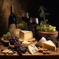 Elegant image of wine, cheese, fruit and nuts.