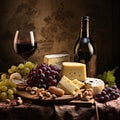 Elegant image of wine, cheese, fruit and nuts.