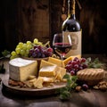 Elegant image of wine, cheese, fruit and nuts.