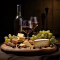 Elegant image of wine, cheese, fruit and nuts.