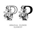 Elegant initial letters P in two color variations with botanical element. Vector letters logo design template set. Alphabet label