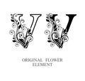 Elegant initial letters V in two color variations with botanical element. Vector letters logo design template set. Alphabet label