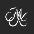 Elegant initials MK or KM monogram logo with flowing graceful script, intertwined two cursive letters M and K and refined