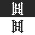 Elegant initials NH or HN letters monogram logo design with gothic sharp serif typography and symmetrical layout in black and