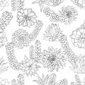 Elegant ink black and white line art succulent plant design or texture in botanical style. Seamless vector pattern Royalty Free Stock Photo