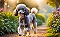 An elegant and intelligent Poodle is frolicking in the garden