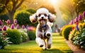 An elegant and intelligent Poodle is frolicking in the garden