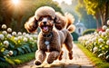 An elegant and intelligent Poodle is frolicking in the garden
