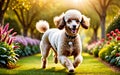 An elegant and intelligent Poodle is frolicking in the garden