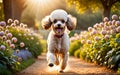 An elegant and intelligent Poodle is frolicking in the garden