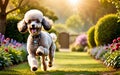 An elegant and intelligent Poodle is frolicking in the garden