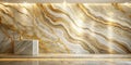Elegant interior design featuring a luxurious gold and white marble wall with subtle lighting and a minimalist display. Generative Royalty Free Stock Photo